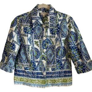 Coldwater Creek Jacket Blazer Embroidered Sz 10 Mosaic Green Blue Lined Cotton